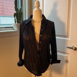 Sheer striped collared button down blouse w subtle shimmer